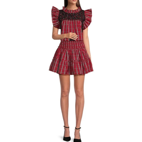 J.Marie Rayna Embroidered Plaid Cap Sleeve Ruffle Neck Top - Picture 4 of 13